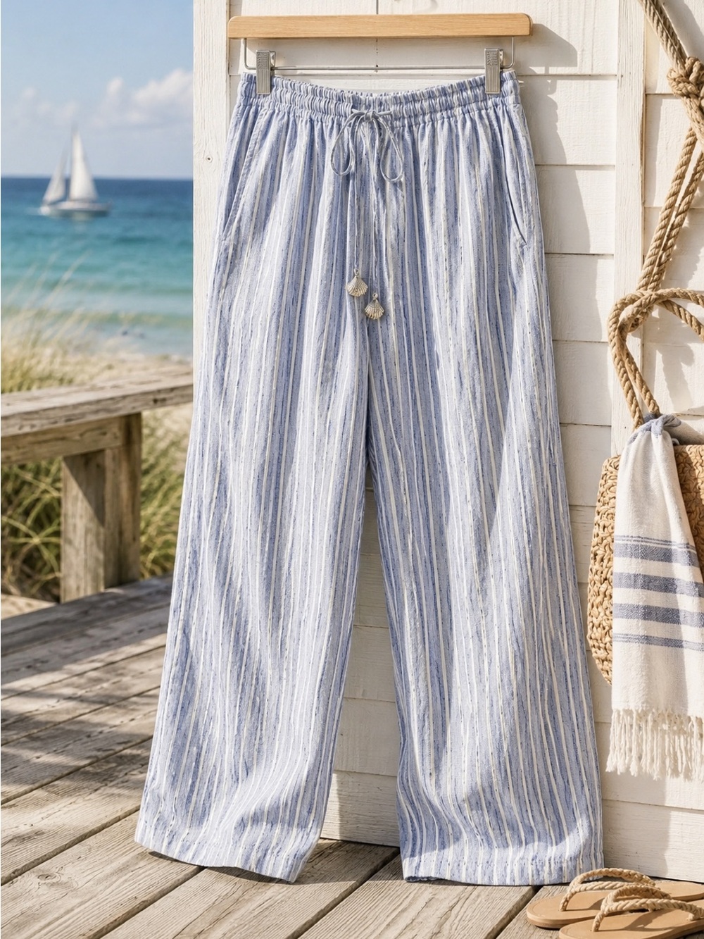 Blue Island Beach Striped Wide Leg Resort Pants XS NWT Shell Drawstring Rayon